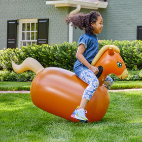 HearthSong Hop N Go inflatable horse, close-up vinyl, showing sturdy construction and safety handles.
