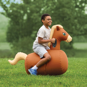 HearthSong Hop N Go inflatable horse, inflation valve, quick setup for minutes.
