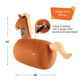 HearthSong Hop N Go inflatable horse, child riding, sparks imaginative backyard adventures.