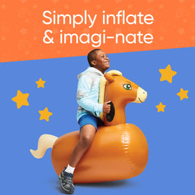 HearthSong Hop N Go inflatable horse, side view, durable vinyl for long-lasting bouncing.