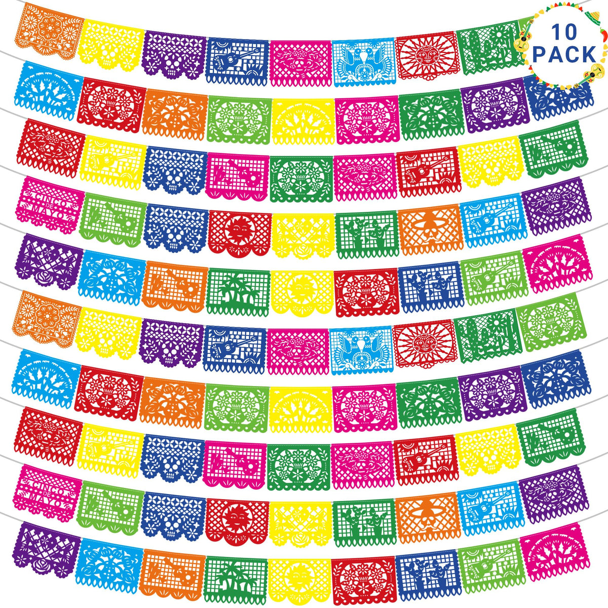 Heartome 10-pack fiesta banner set for indoor and outdoor celebrations showing multiple patterns.