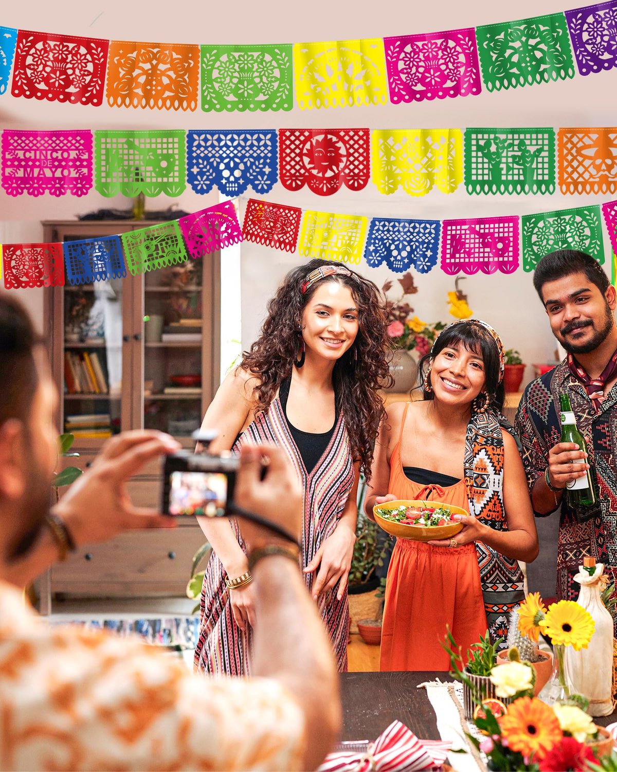 Heartome Cinco de Mayo banner with patterns of cacti, guitars, suns and flowers.