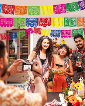 Heartome Cinco de Mayo banner with patterns of cacti, guitars, suns and flowers.
