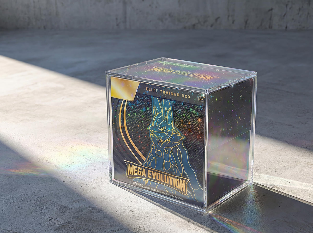 UV-shielded holographic ETB case preserves sealed boxes while catching light for display.