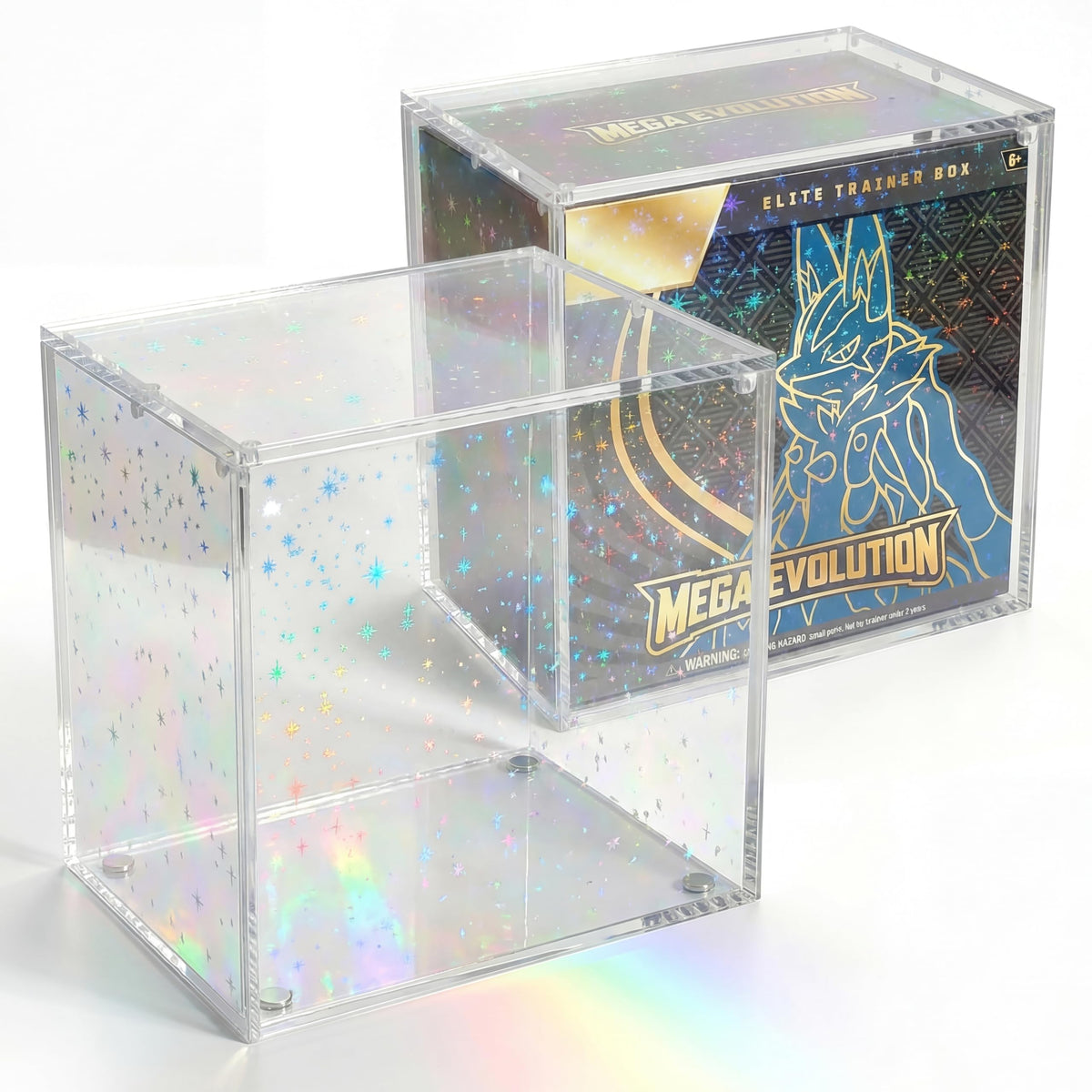 Heather & Willow holographic ETB case with magnetic lid protects and showcases a booster box.