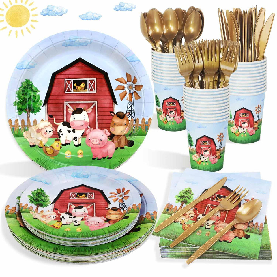 Heboland farm birthday 9-inch dinner plates with watercolor barnyard animals for kid-friendly meals.