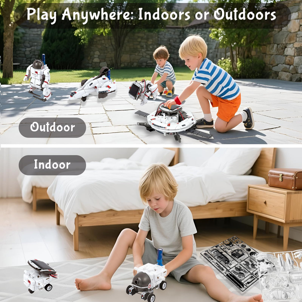 Dual-drive setup showing solar and electric power options for indoors and outdoors.