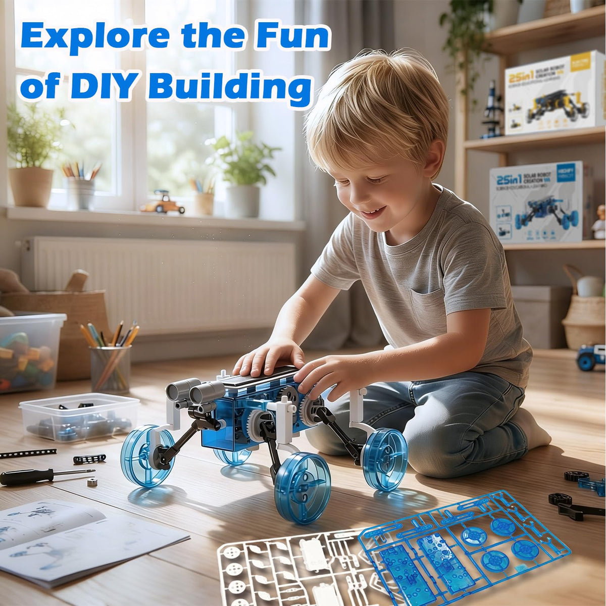 Solar-powered robot assembly parts laid out for quick start