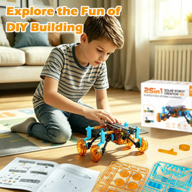 Hechify STEM 25-in-1 solar robot kit sun-powered movement demonstrates clean energy concepts.