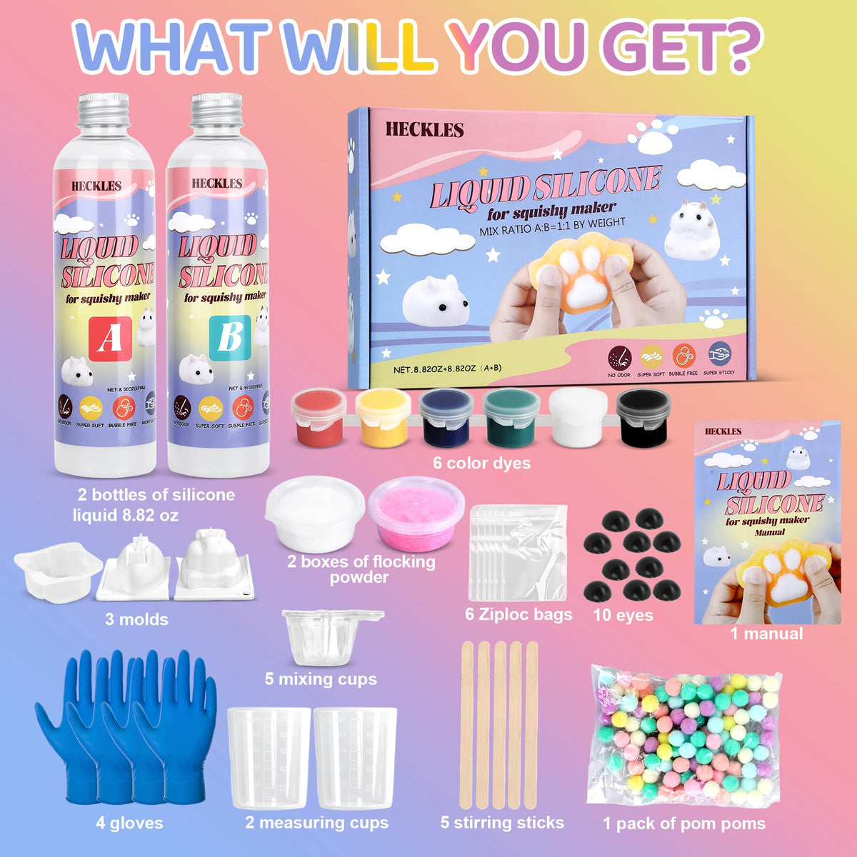 HECKLES Taba Squishy Kit measuring cup and A/B bottles for precise mixing