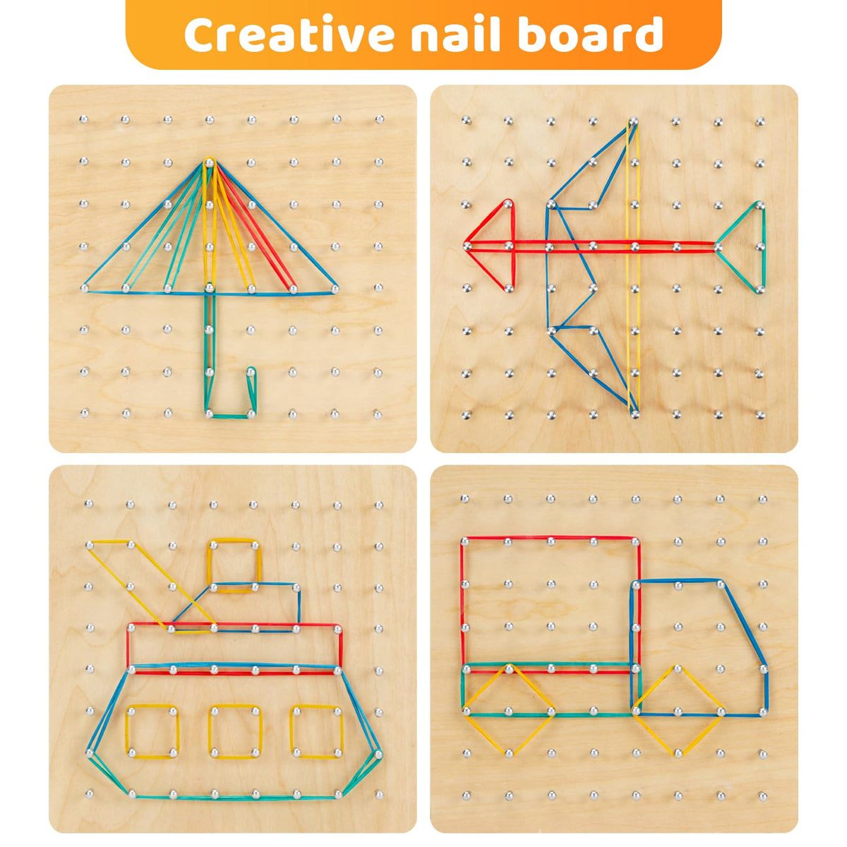HEELWIRE geoboard nails on a sturdy wooden surface for shapes