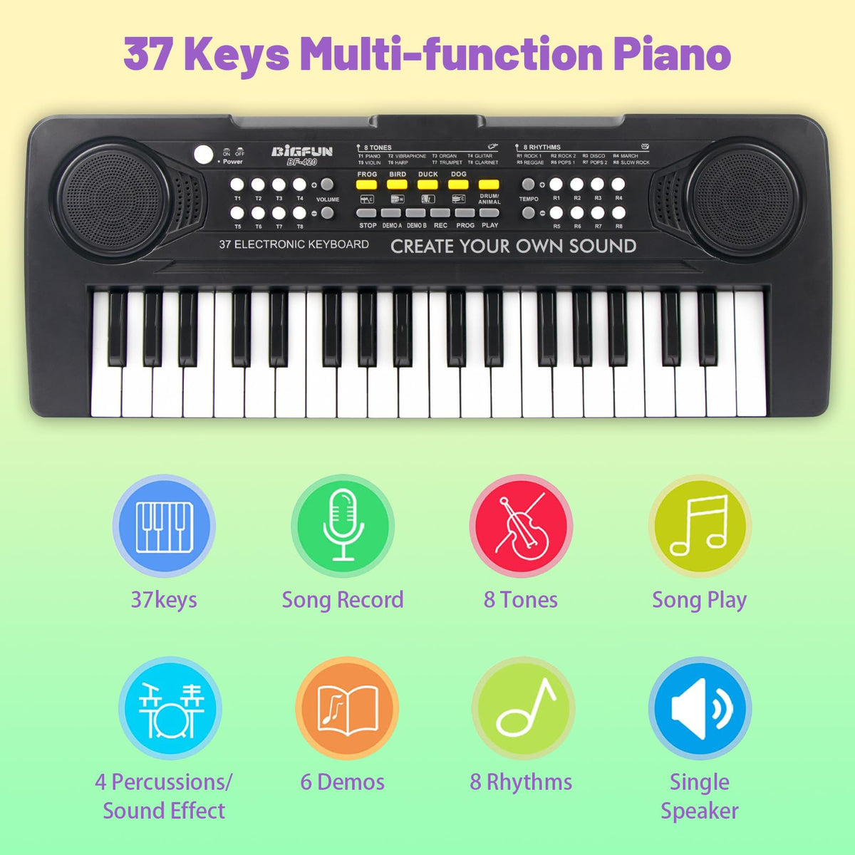 HEEPUEW 37-key keys closeup, child-friendly tactile feel aids dexterity.