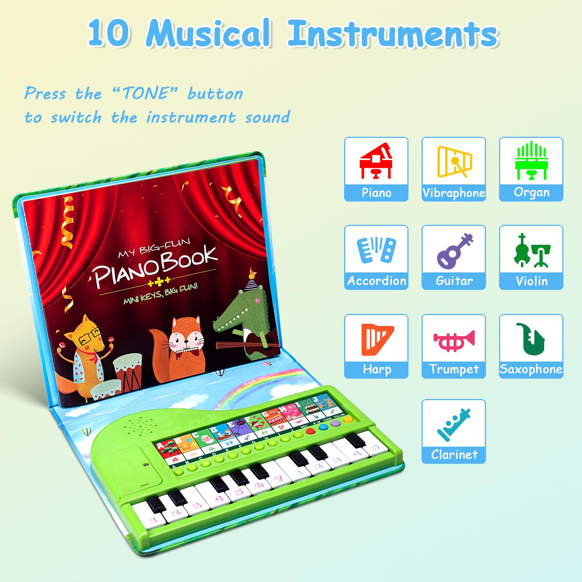 HEEPUEW toddler piano keys close-up; smooth edges support safe practice.