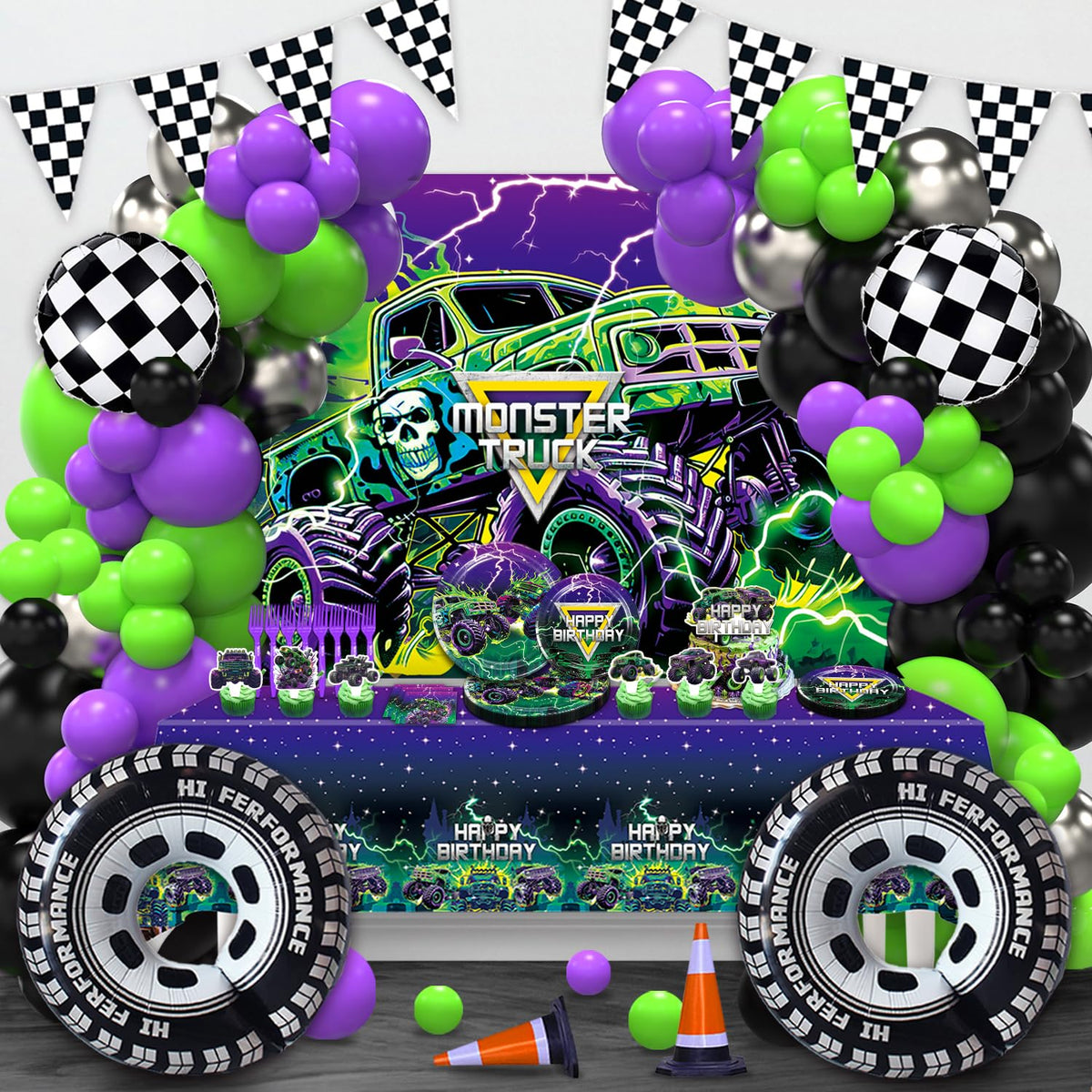 Heidaman Monster Truck background creates vibrant party backdrop.