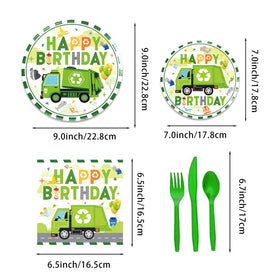 Heidaman trash-truck tablecloth ties the theme together while protecting surfaces.