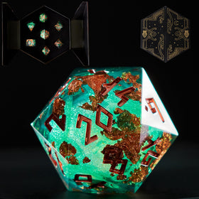 HEIMDALLR liquid core dice with starry colorway and glow display case enhances on-table drama.