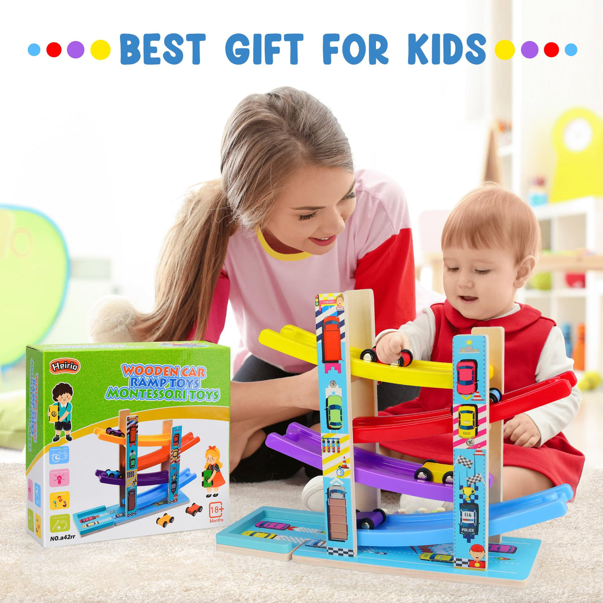 Heirio race cars wooden set with parking lot aids storage awareness.
