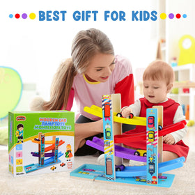 Heirio race cars wooden set with parking lot aids storage awareness.