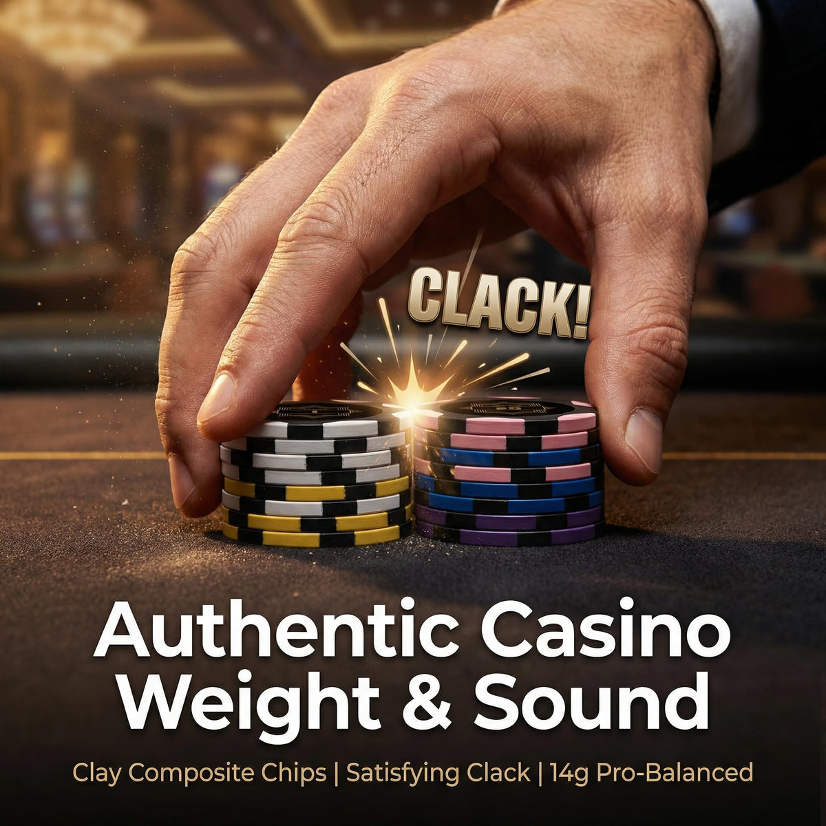 HEITOK high-contrast denominations on colorful chips speed betting decisions.