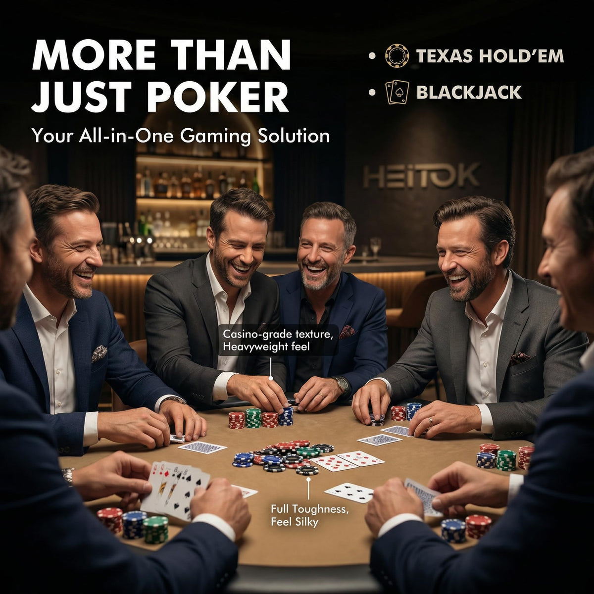 HEITOK black poker chip conveys premium weight for casino-grade gameplay.