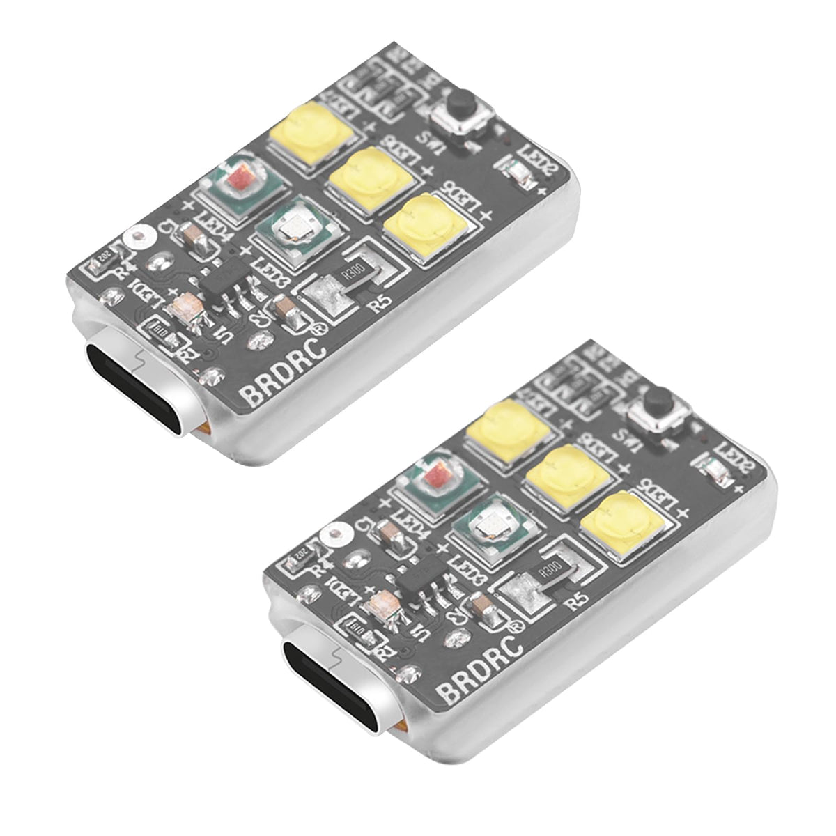 HeiyRC drone strobe light front view highlighting compact LED visibility for night flights.