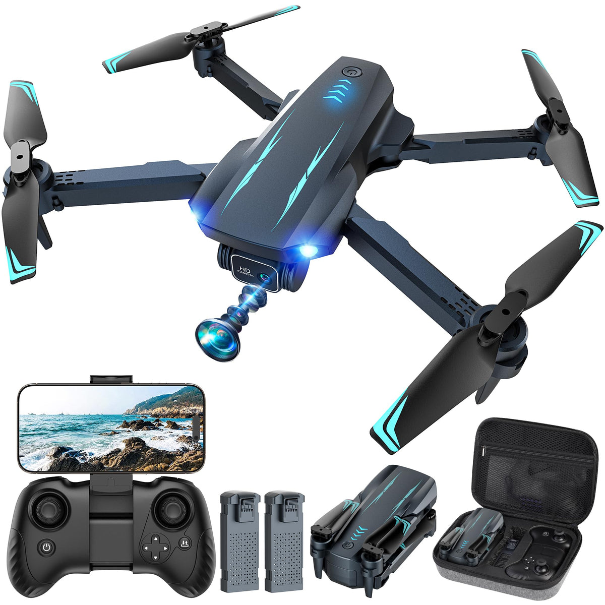 Helatt drone 1080p camera with adjustable tilt for wide, clear aerial views.