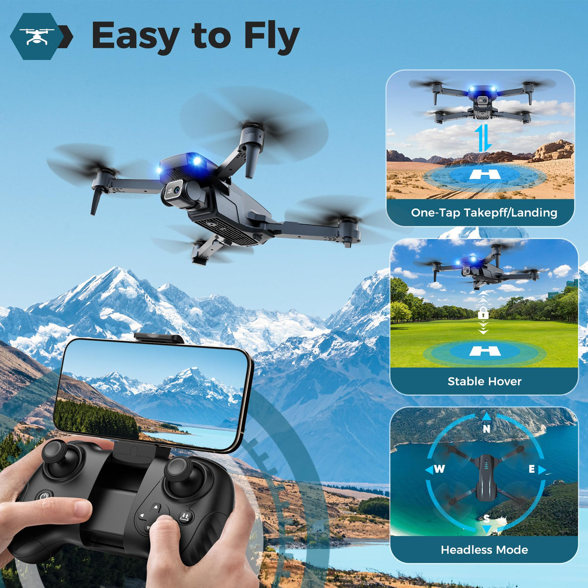 Helatt drone one-key takeoff/land simplifies starting a flight experience.