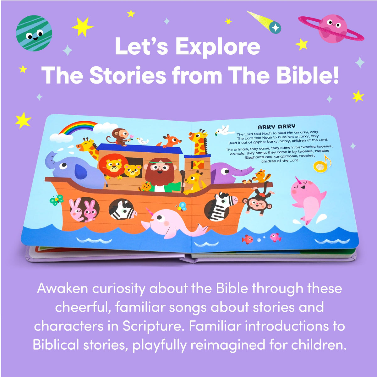 Hello 2 Kids Bible Stories play button close-up highlights easy control for quiet reading