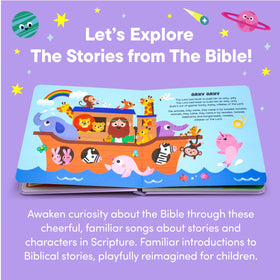Hello 2 Kids Bible Stories play button close-up highlights easy control for quiet reading