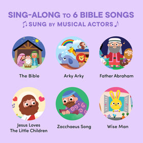 Hello 2 Kids Bible Stories QR code access enables full streaming of songs anytime