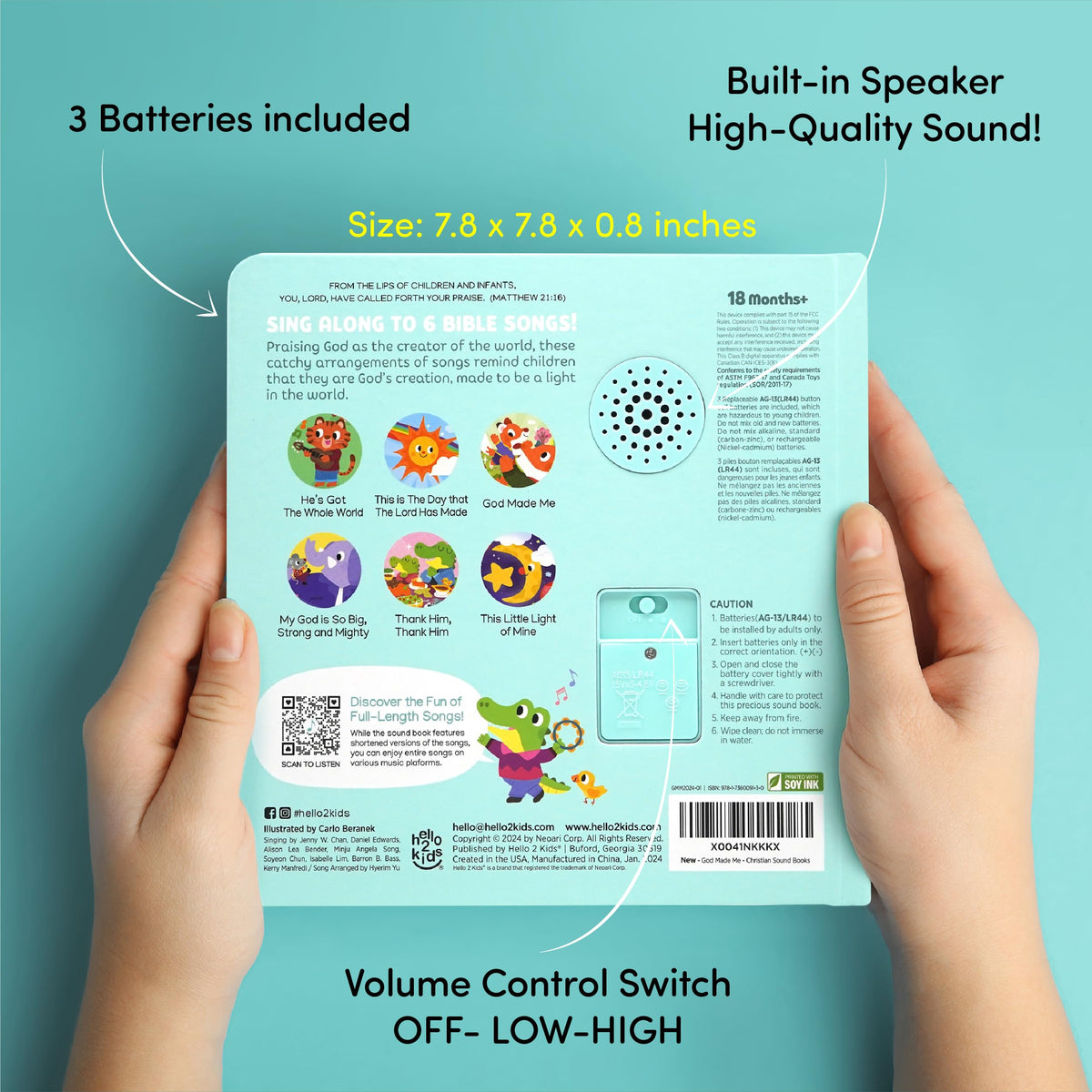 Hello 2 Kids battery compartment ready-to-use as a gift-friendly Christian book