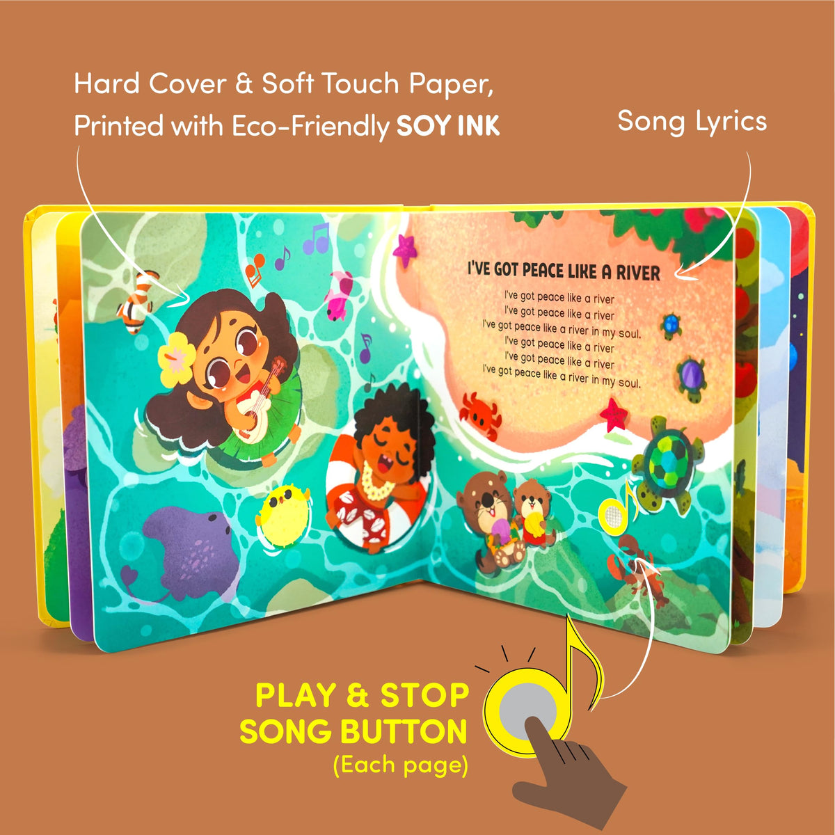 Battery compartment of Hello 2 Kids Praise The Lord Sound Book shown for quick setup.
