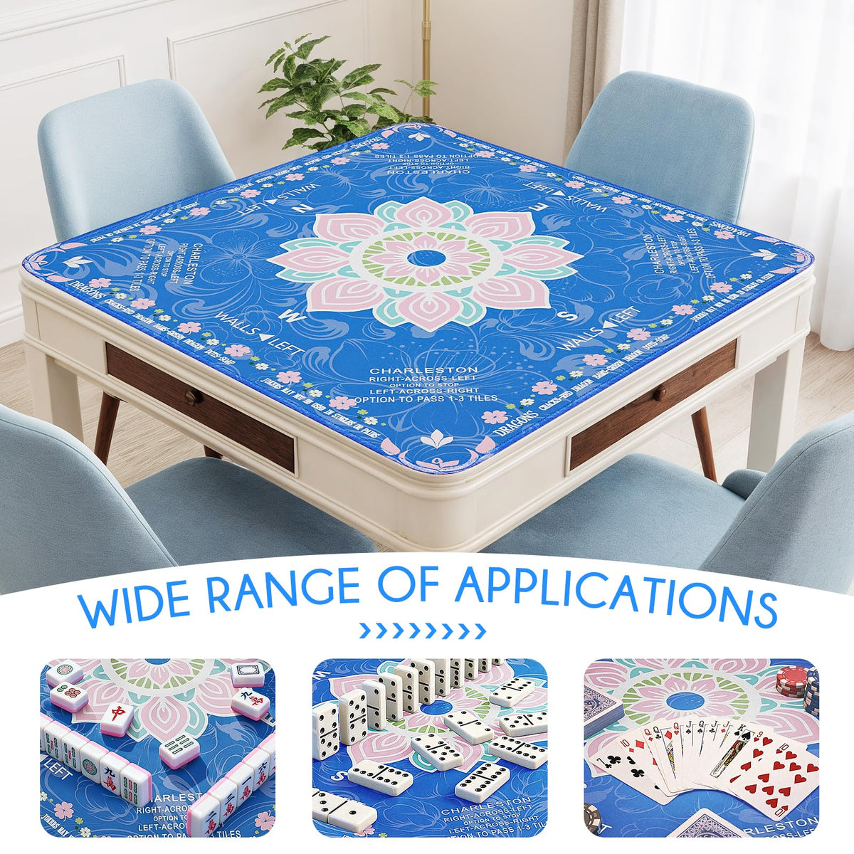 3mm cushioning of Hello Helen Mahjong Mat protecting tabletop in blue