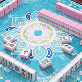 Hello.HELEN Mahjong mat cyan pattern close-up shows fade-resistant design for long-lasting visuals.