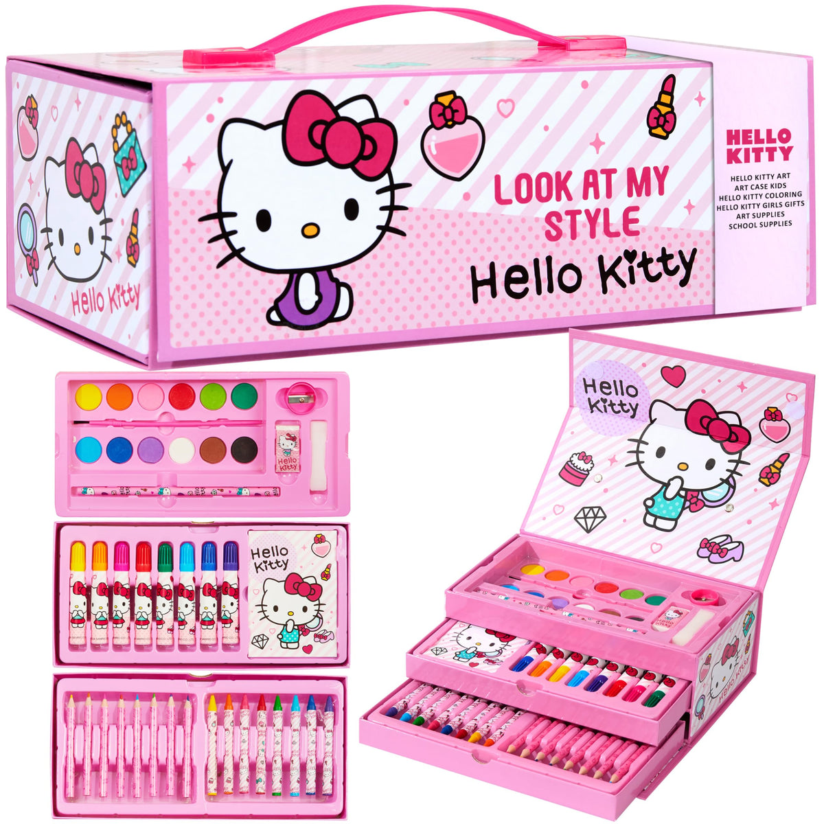 Hello Kitty art set in a glossy carry case, ideal for travel art sessions.