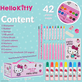 Hello Kitty carry case open view shows organized, easy access art supplies.