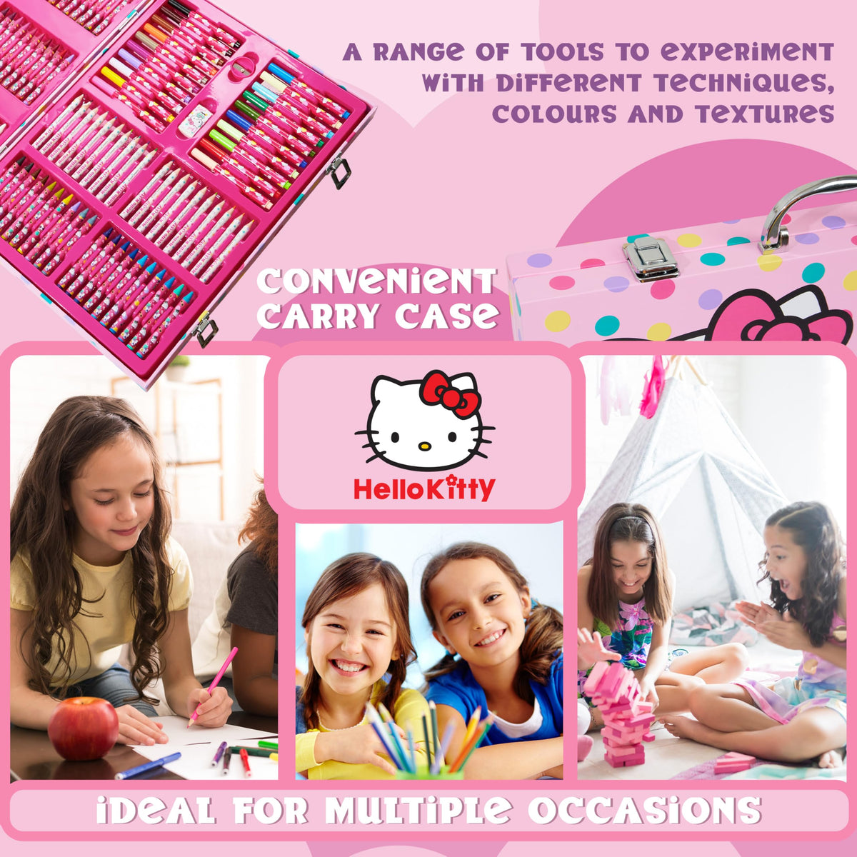 Hello Kitty carry case keeps supplies organized and ready for travel.