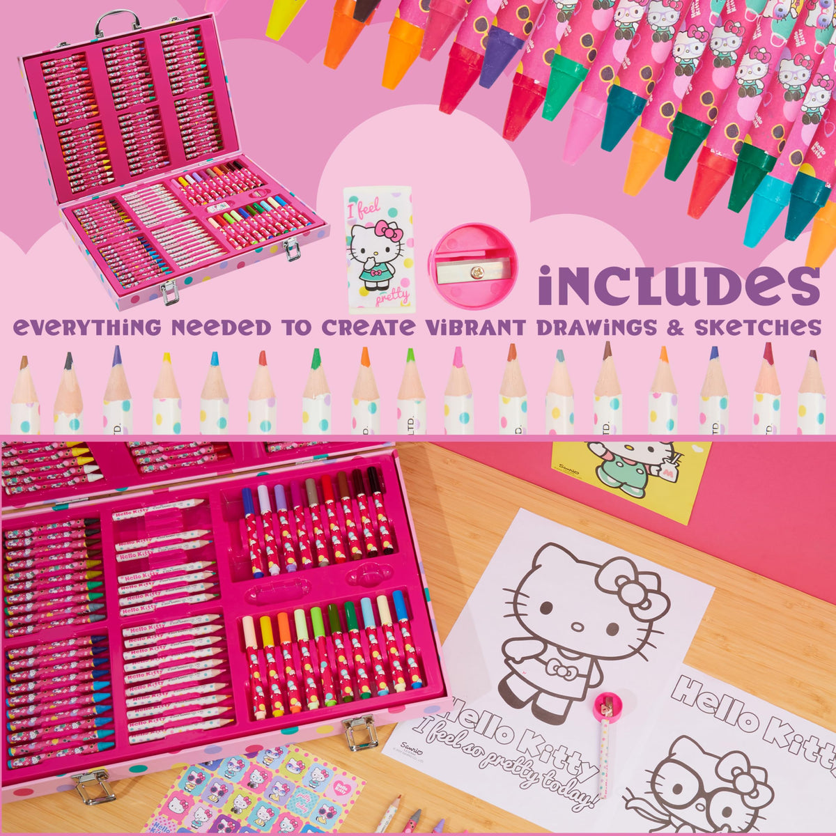 Official Hello Kitty art set delivers licensed, authentic drawing tools for kids.