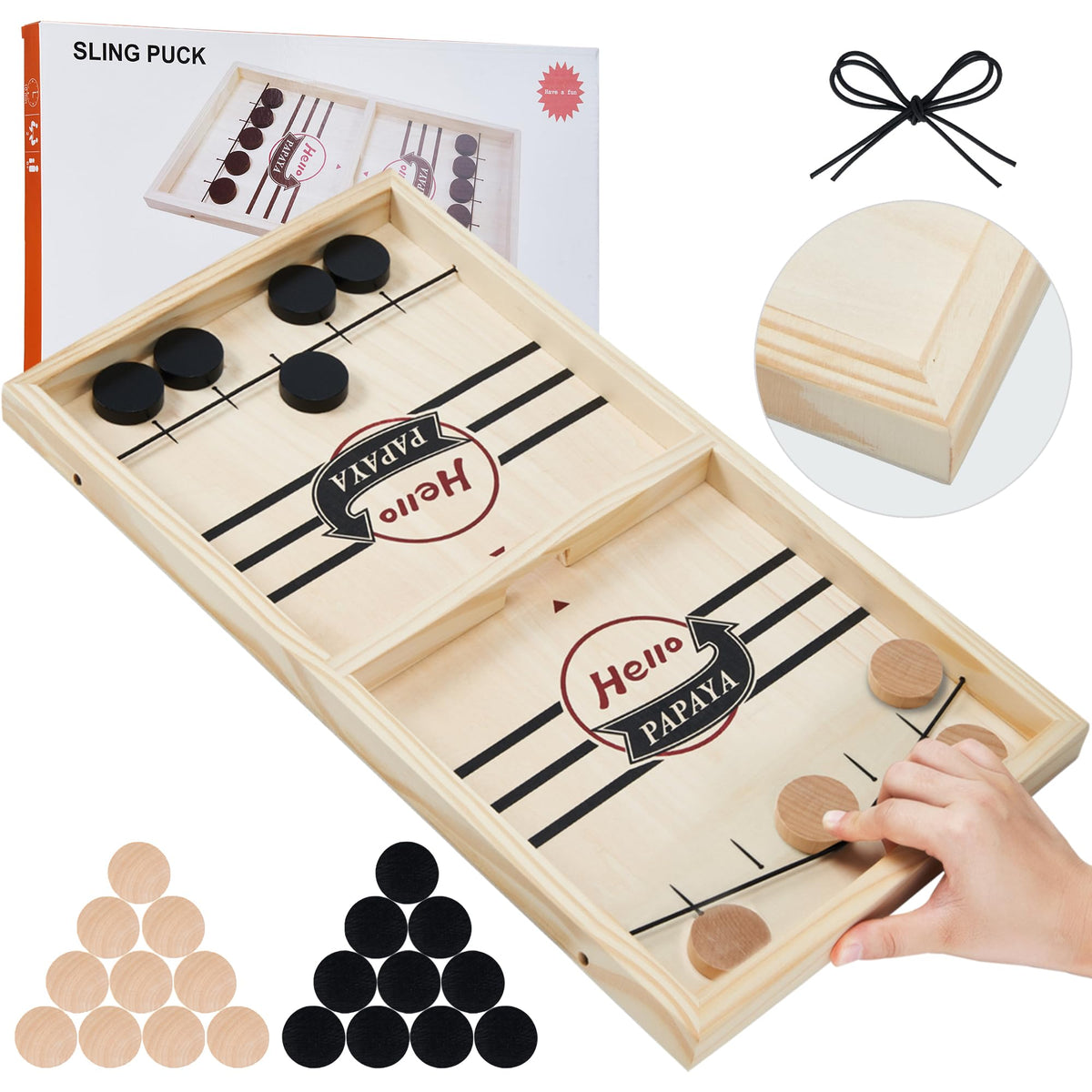 HELLO PAPAYA Fast Sling Puck Game board top view for quick family game nights.