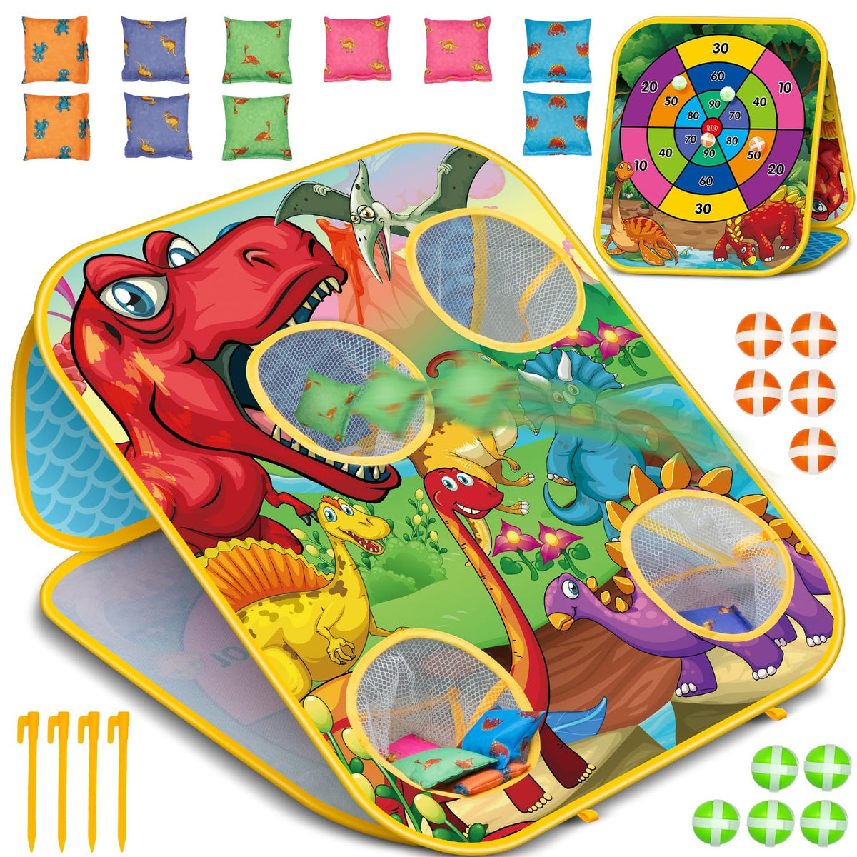 HelloJoy Dinosaur Bean Bag Toss Board being assembled for quick backyard play