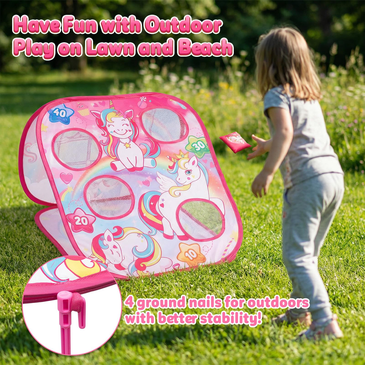 HelloJoy ground nails secure the board for stable outdoor use on lawn.