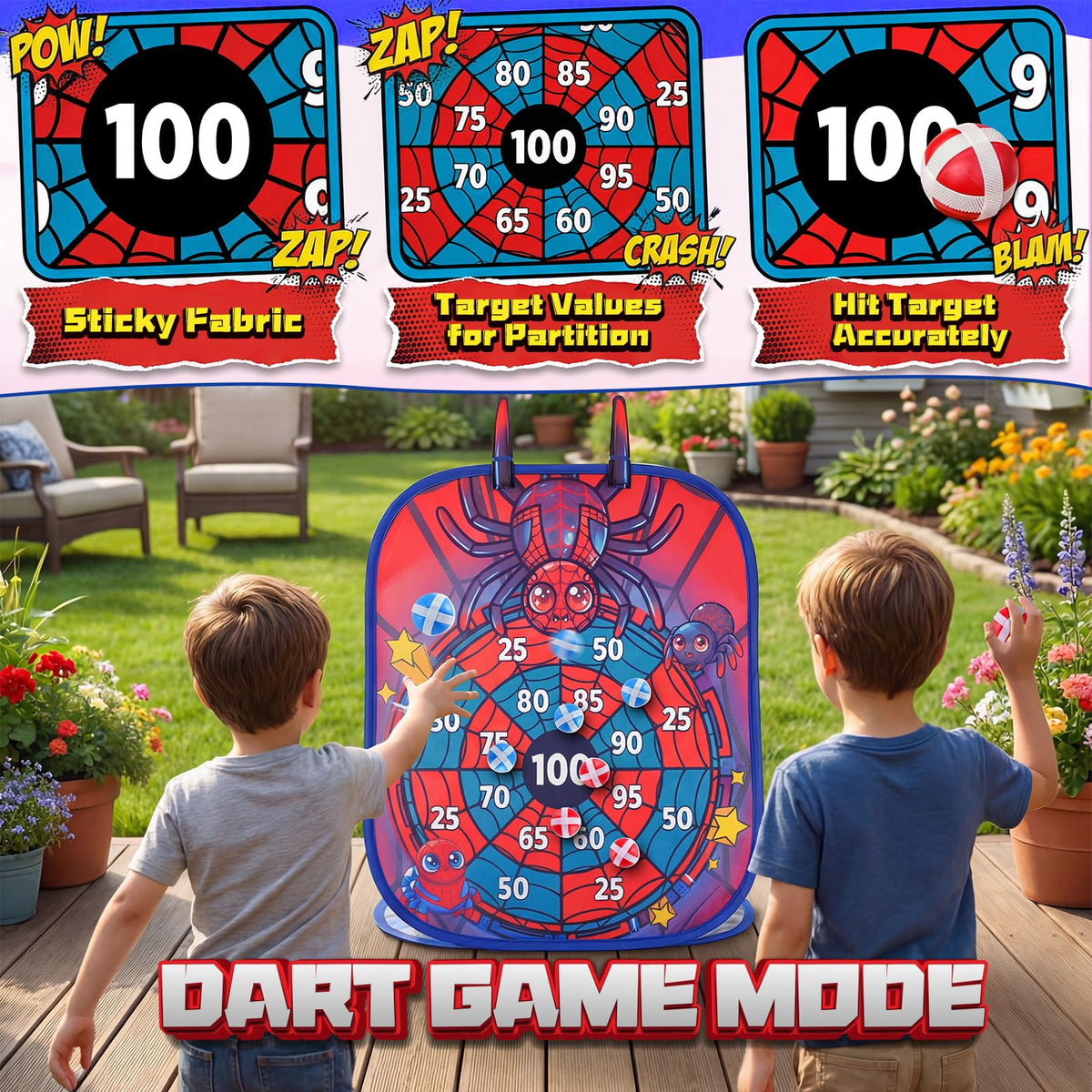HelloJoy Spider bean bag toss board demonstrates multi-game versatility for indoor and outdoor use