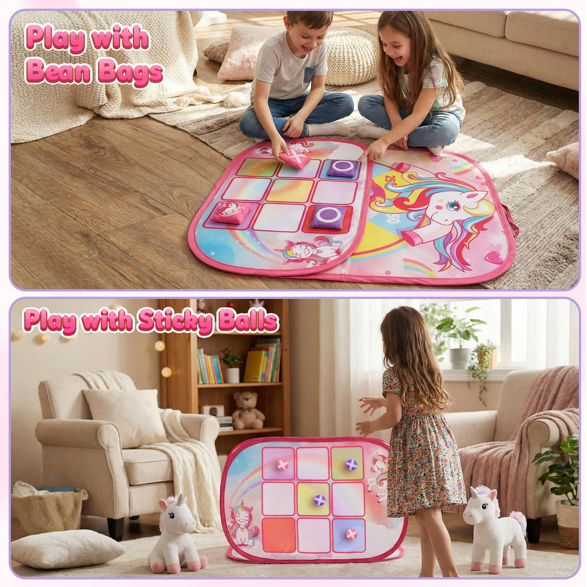 HelloJoy unicorn-theme bean bags for imaginative play and motor skill practice.