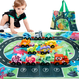 HELLOWOOD dinosaur train set playmat invites imaginative play and color spotting.