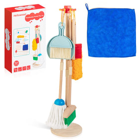 HELLOWOOD broom with sturdy wooden handle for easy kid-friendly grip.