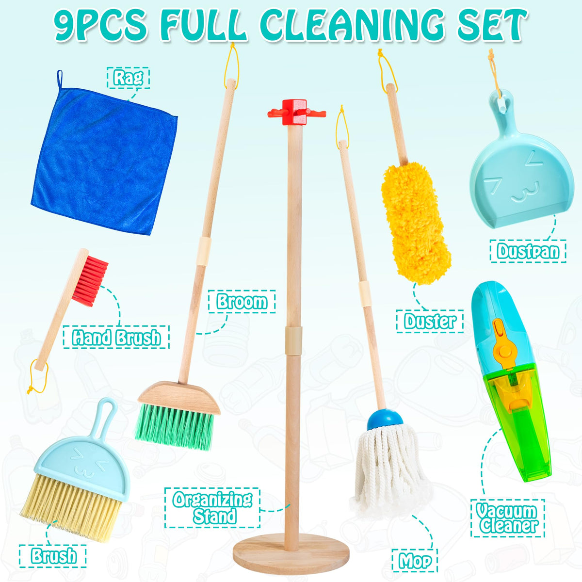 HELLOWOOD cleaning set mop aids pretend housekeeping and daily chore skills