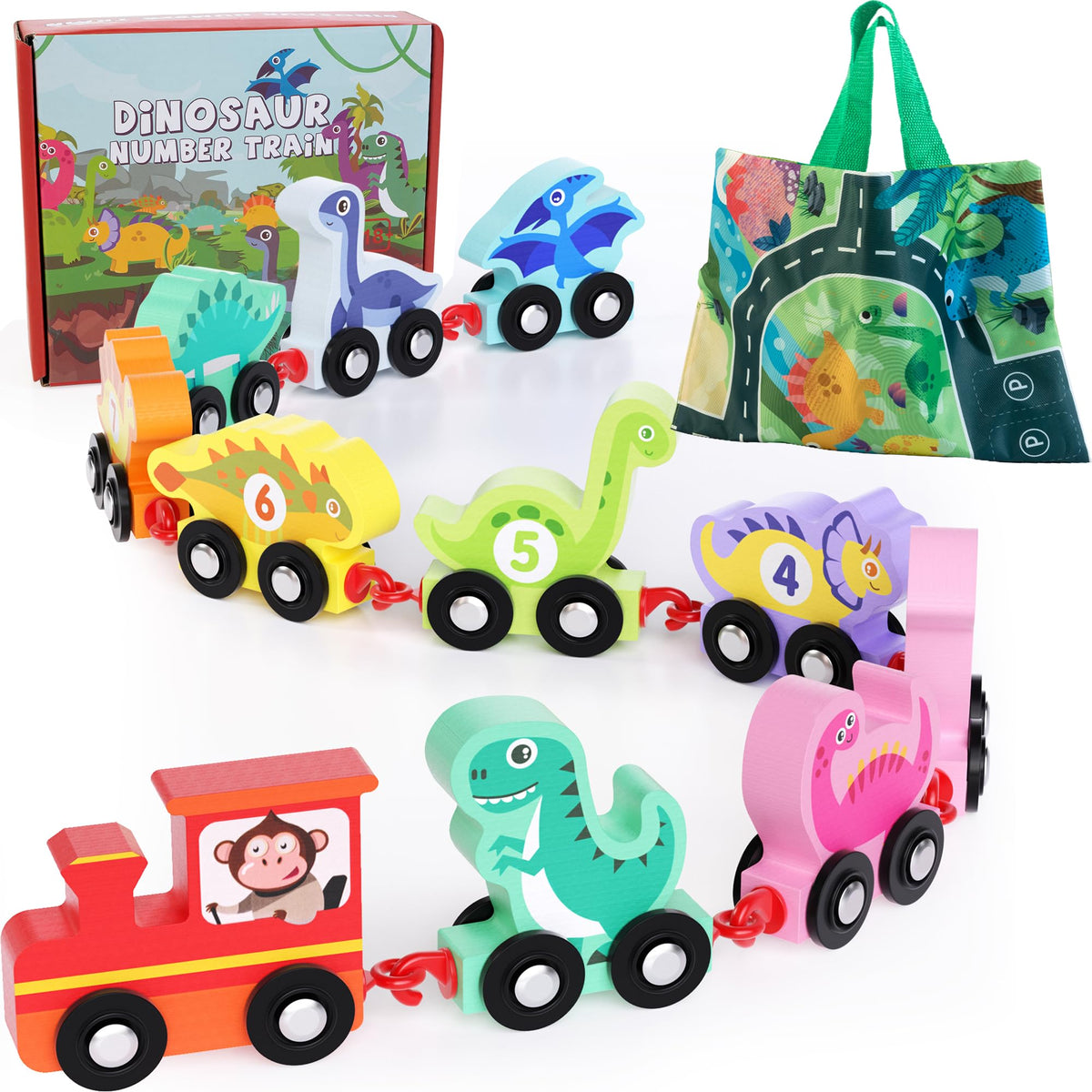 HELLOWOOD wooden dinosaurs and trains invite sturdy, safe exploration.