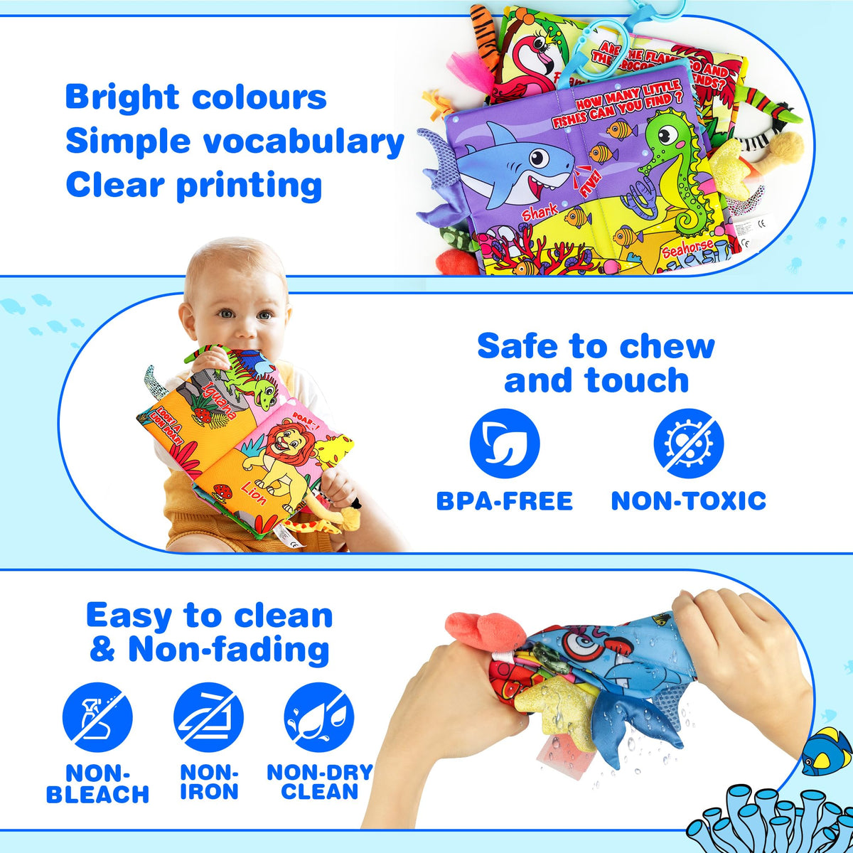Helsort 2PCS Crinkle Cloth Books animal vocabulary pages support early word learning.
