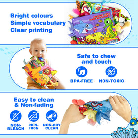 Helsort 2PCS Crinkle Cloth Books animal vocabulary pages support early word learning.
