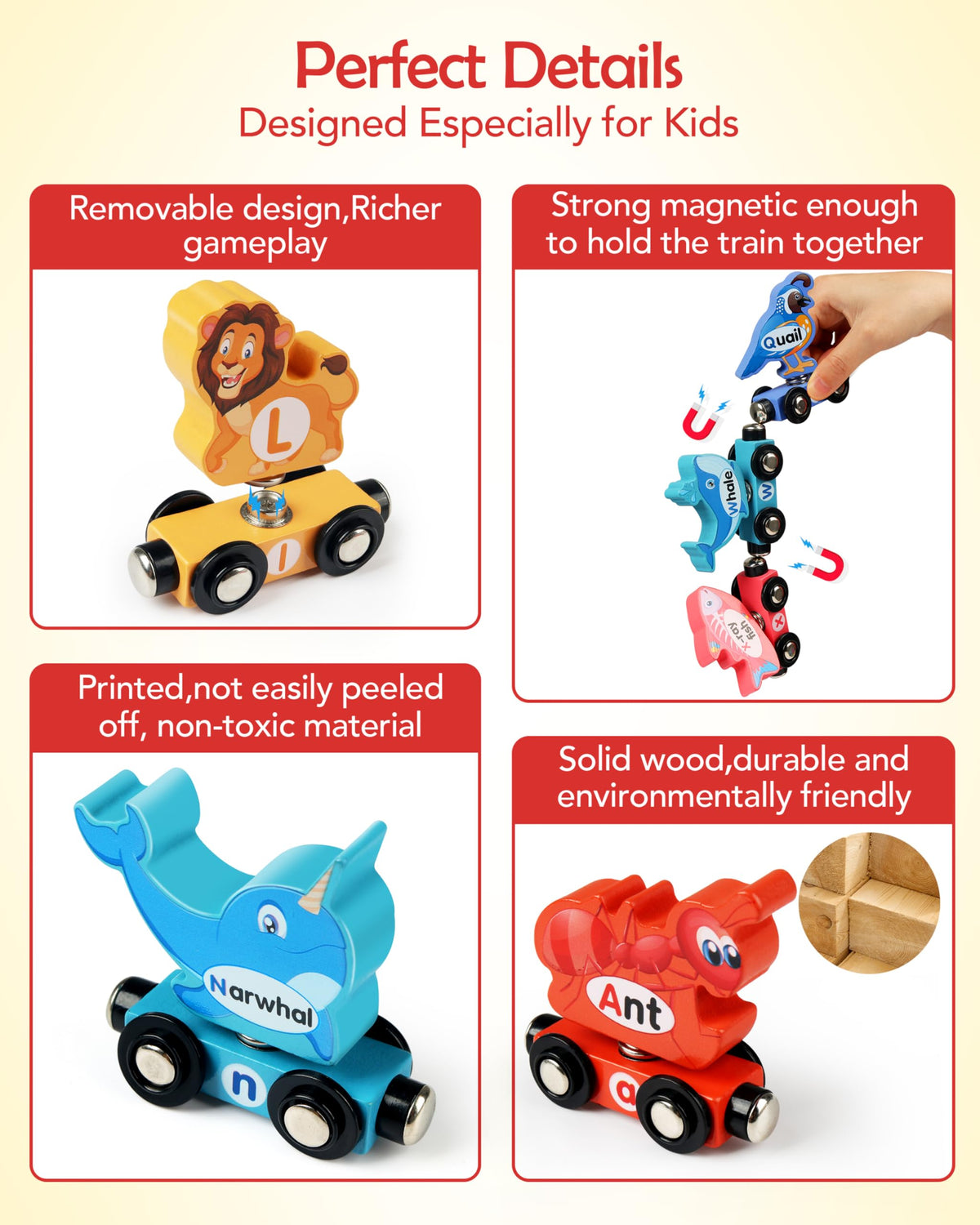 Helsort animal-themed train cars in bright, kid-friendly colors.